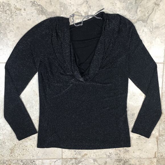 Michael Kors Sparkly Long Sleeve Cowl Back Black Blouse Top Metallic Size Medium - Picture 6 of 16